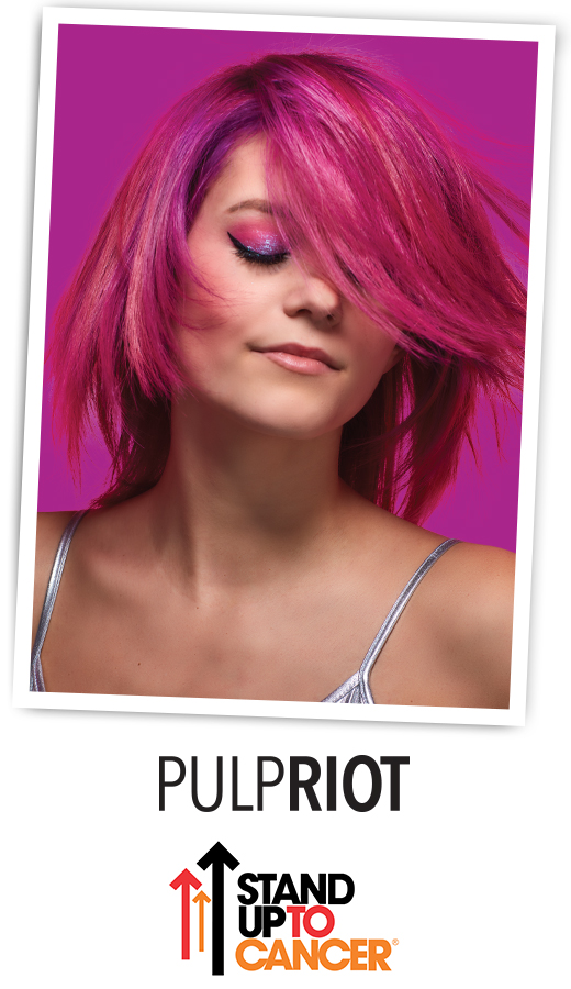 model, Pulp Riot logo, Stand Up To Cancer logo